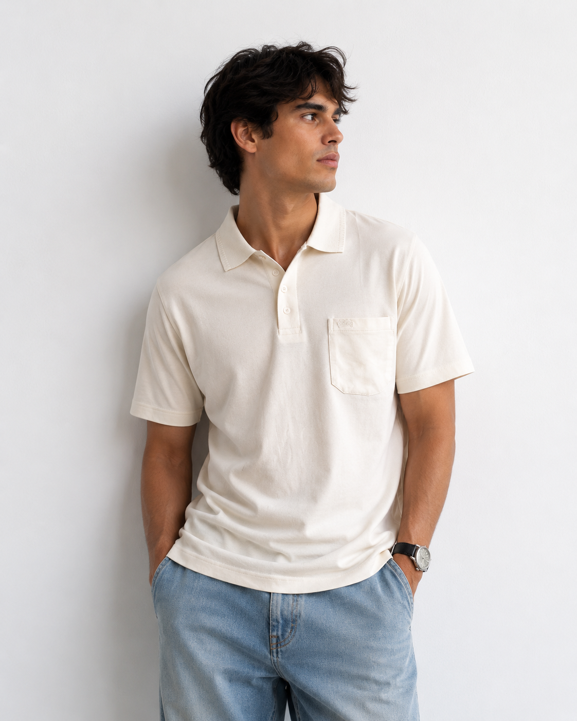 Off White Solid Cotton T-Shirt with Side Pocket