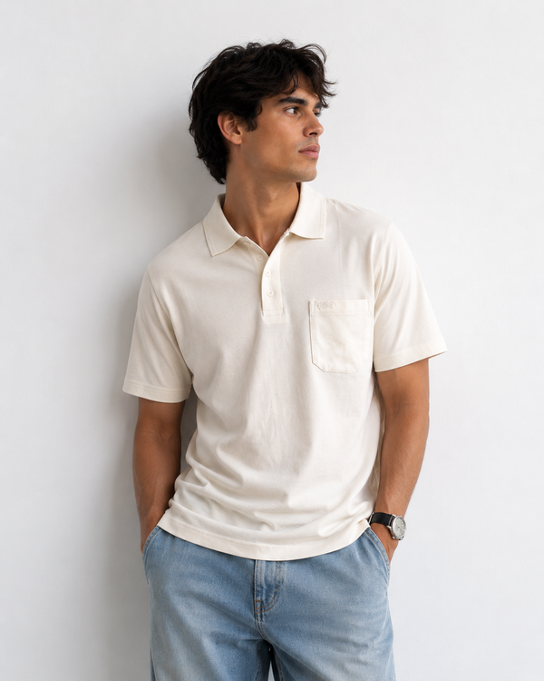 Off White Solid Cotton T-Shirt with Side Pocket