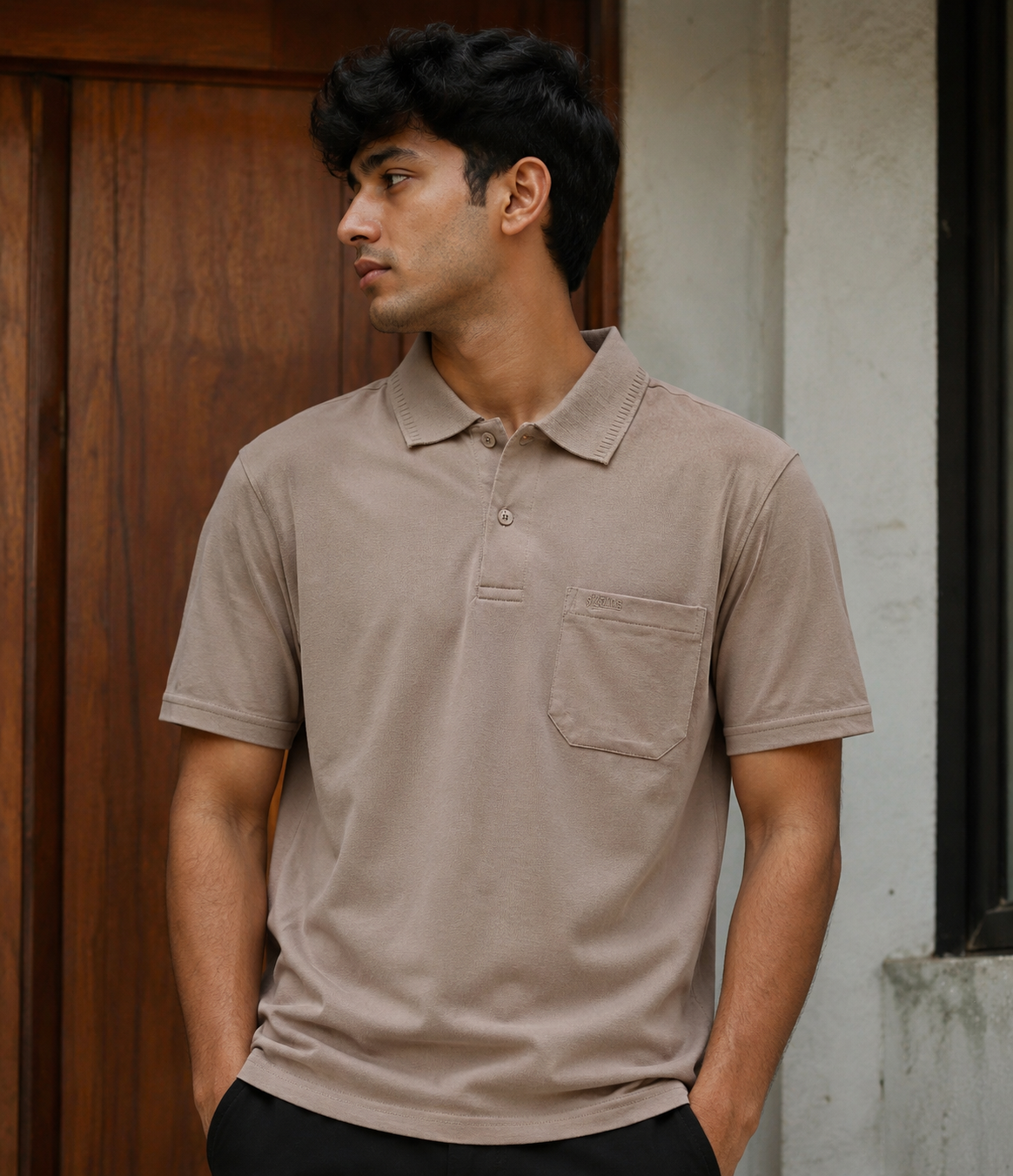 Beige Solid Cotton T-Shirt with Side Pocket