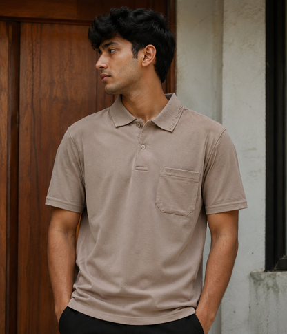Beige Solid Cotton T-Shirt with Side Pocket