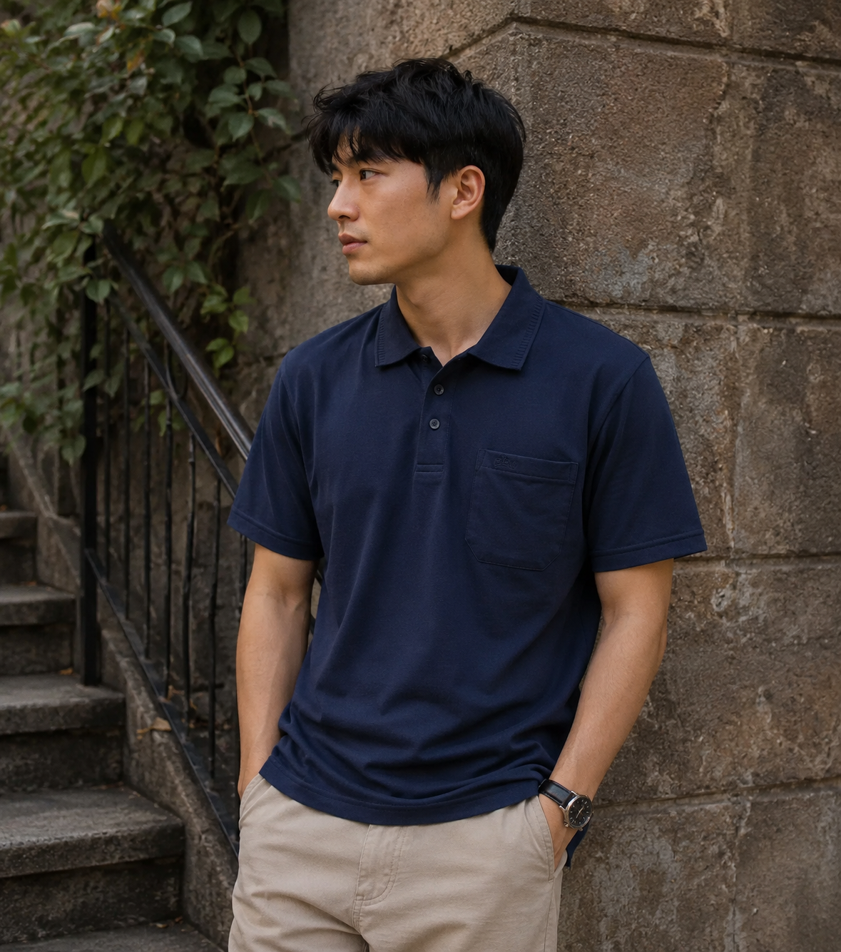 Navy blue Solid Cotton T-Shirt with Side Pocket