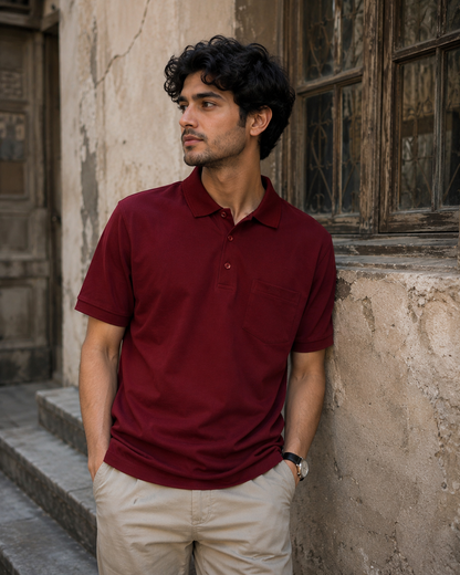 Maroon Solid Cotton T-Shirt with Side Pocket
